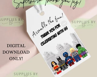 Superhero thank you tag, building blocks birthday, Building blocks png, Superhero clipart, digital download