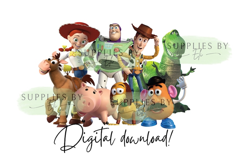 May include: A group of Toy Story characters including Woody, Buzz Lightyear, Jessie, Rex, Slinky Dog, and Mr. Potato Head. The characters are all smiling and looking at the camera. The background is white.