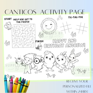 Customized Canticos activity page, cantos coloring page, canticos birthday, canticos birthday decor