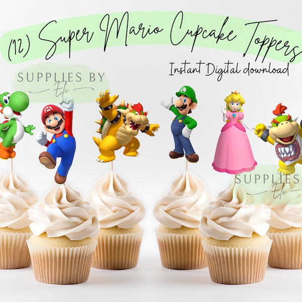 Super Mario cupcake toppers, cupcake toppers download, PNG, digital download, Super Mario birthday decorations, cake topper,cupcake, clipart