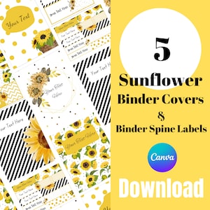 Sunflower Binder Covers | Sunflower Binder Spine Covers | Yellow | Binder Cover Templates| Canva Templates
