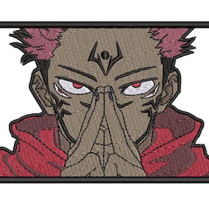 May include: Embroidered patch featuring an anime character with dark skin, red eyes, and spiky pink hair. The character is depicted with hands clasped in front of the face, wearing a red hooded garment. The patch has a black border.