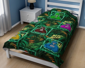 Manta de felpa de pana con etiqueta de gorila con fondo de jungla
