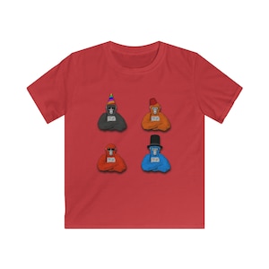 May include: Red t-shirt with a graphic of four monkeys wearing different hats. The monkeys are wearing a rainbow party hat, a red fez, a red beanie, and a blue top hat. Each monkey is wearing sunglasses and has its arms crossed.