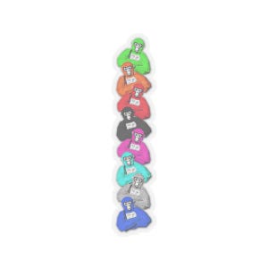 May include: A stack of nine stickers featuring a cartoon monkey wearing a different color hooded sweatshirt. The monkey is holding its hands in front of its face. The colors of the sweatshirts are green, orange, red, black, pink, light blue, gray, blue, and purple.