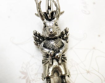 Dark Rabbit Punk Necklace Pendant Keychain Jackalope, Wolpertinger in 925 Sterling Silver for Rebel Punk & Folklore Gift