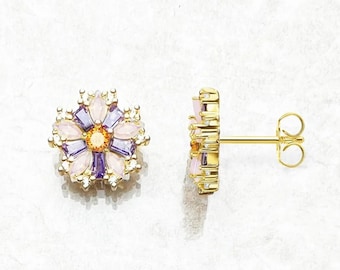 Gold Flower Stud Earrings with Colorful Zircon Diamonds - Elegant Earrings & Stylish Jewelry - Perfect Gift for Floral Lovers - 925 Silver