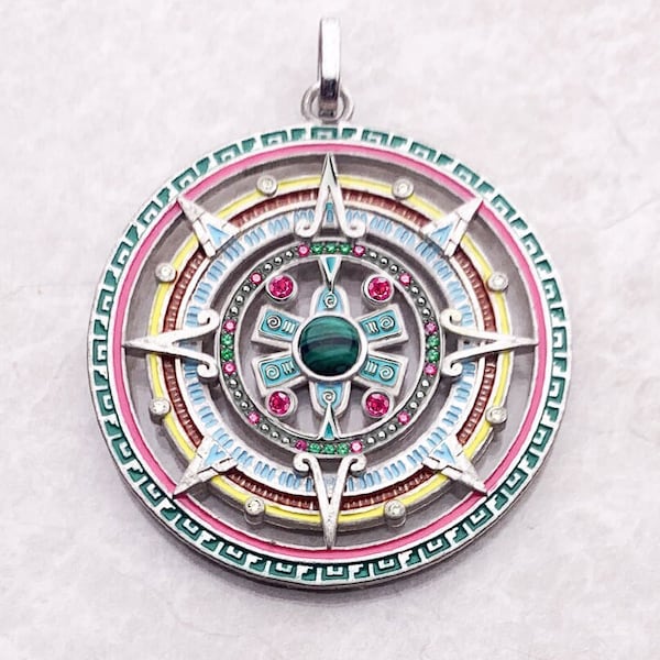 Colorful Aztec amulet, magical talisman for soul protection, spiritual jewelry, sun pendant, sun jewel, 925 silver, summer gift