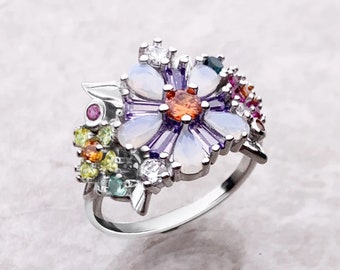 Colorful Flowers Ring, Silver or Gold, Statement Jewelry, Perfect Unique Gift for Her