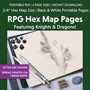 Cuaderno de mapas hexagonales RPG imprimible, elementos de acuarela de dragones y caballeros, páginas de cuadrícula hexagonal de 1/4", para cartógrafo DnD Mapmaker, mapas de mazmorras