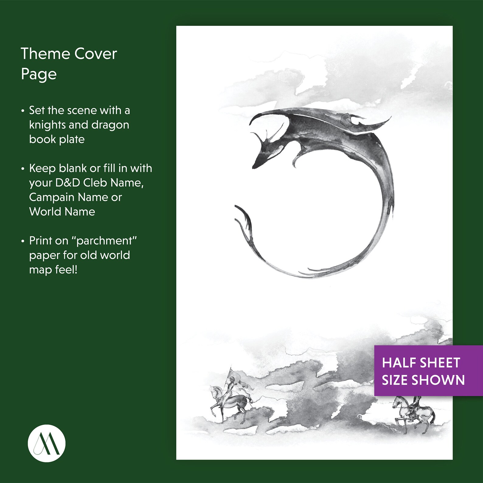 RPG Hex Map Notebook Printable, Dragons and Knights Watercolor Elements, 1/4" Hex Grid Pages ...
