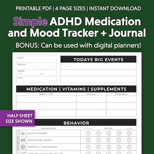 Może przedstawiać: Drukowany tracker PDF do zarządzania lekami na ADHD, nastrojem i zachowaniem. Tracker zawiera sekcje do rejestrowania dziennej wagi, nastroju, leków, witamin, suplementów i ważnych wydarzeń. Zawiera również sekcję dotyczącą zachowania z skalą oceny dla krótkiej uwagi, braku motywacji/nudy, zapominania/zamieszania i ciągłej zmiany aktywności.
