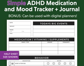 ADHD Medicatie en Gedrag Tracker Plus Journal, Afdrukbaar Eenvoudig modern ontwerp, Symptomen Tracker Dagboek voor ouders of jezelf, Goodnotes