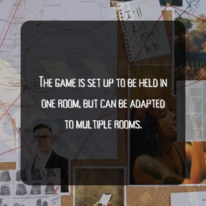 May include: A noticeboard with crime scene evidence, including maps, notes, and photos. Text on the board reads, "The game is set up to be held in one room, but can be adapted to multiple rooms."