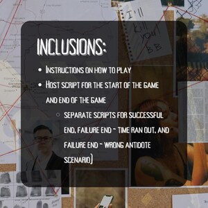 May include: A dark background with a corkboard and map. White text lists "INCLUSIONS: Instructions on how to play, Host script for the start of the game and end of the game, Separate scripts for successful end, failure end - time ran out, and failure end - wrong antidote scenario".