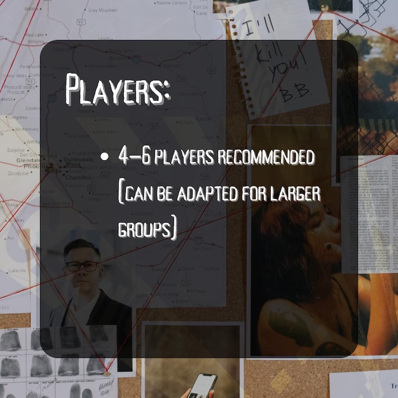 May include: A corkboard with a map, photos, and notes. A black box with white text reads "PLAYERS:" and "4-6 PLAYERS RECOMMENDED (CAN BE ADAPTED FOR LARGER GROUPS)". A note says "I'll kill you! B.B."