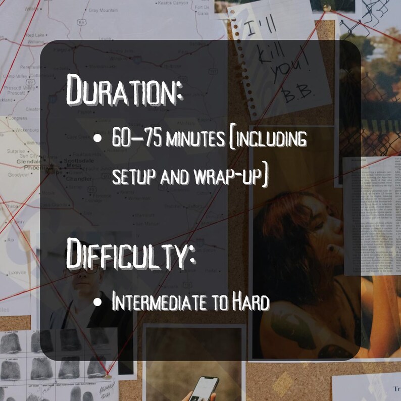 May include: A noticeboard with a map, photos, and text. The text on a dark grey background reads "DURATION: 60-75 MINUTES (INCLUDING SETUP AND WRAP-UP)" and "DIFFICULTY: INTERMEDIATE TO HARD."