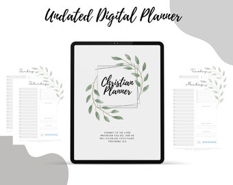 May include: A digital planner with a white background and a green leafy design. The text "Christian Planner" is in a black square frame. The text "Commit to the Lord whatever you do, and he will establish your plans. Proverbs 16:3" is below the frame.