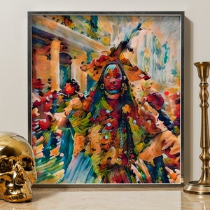 May include: A colorful painting of a person in a traditional Native American headdress and clothing. The person is surrounded by other figures and a bright, abstract background.