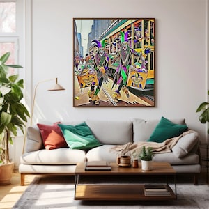 May include: Two people dressed as jesters in purple, green, and gold costumes are walking down a street in front of a yellow streetcar. They are holding colourful bags with smiling faces. The streetcar is decorated with green and gold streamers.