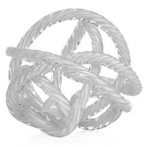 May include: A clear glass sculpture of a knot, with a twisted rope design. The sculpture is made of clear glass and has a smooth, polished finish.