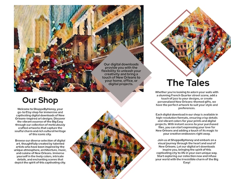 K&ouml;nnte beinhalten: Eine Werbegrafik f&uuml;r digitale Downloads mit impressionistischen Gem&auml;lden der Architektur von New Orleans. Der Text enth&auml;lt Our Shop, The Tales und Beschreibungen digitaler Kunstwerke f&uuml;r Zuhause, B&uuml;ro oder kreative Projekte.