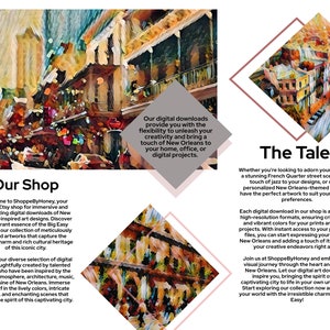 Peut inclure: Une collection d'art numérique inspirée par la culture vibrante de la Nouvelle-Orléans. La collection présente des scènes colorées et complexes de l'architecture, de la musique et de la cuisine de la ville. Le texte "Our Shop" et "The Tales" est visible sur l'image.