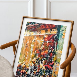 Peut inclure: Une peinture à l'aquarelle encadrée d'un stand de marché avec une variété d'articles colorés à vendre. Le stand est décoré de lumières et porte une pancarte indiquant "VOTO 1000".