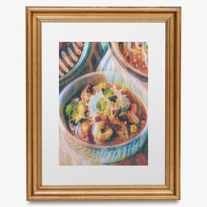 May include: A close-up of a bowl of chili with a colorful, abstract painting style. The chili is topped with cheese and cilantro. The bowl is white with blue and green swirls.