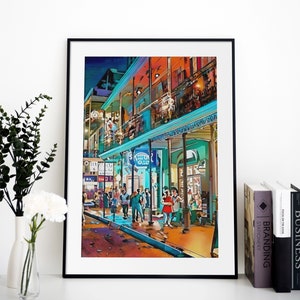 May include: A colorful painting of a street scene in New Orleans at night. The buildings are brightly lit and have balconies. There are people walking on the street and a sign that says "Skyline One".