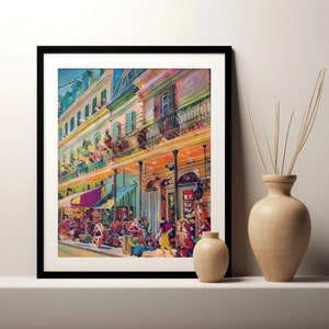 May include: A colorful painting of a street scene in New Orleans, Louisiana. The painting features a multi-story building with balconies and a bustling street scene with people walking and sitting.