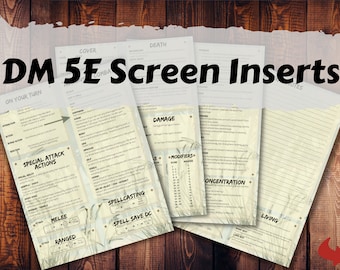 Può includere: Un set di inserti per schermo del Dungeon Master stampabili per Dungeons and Dragons 5a edizione. Gli inserti includono sezioni per "Il tuo turno", "Azioni di attacco speciali", "Melee", "A distanza", "Lancio di incantesimi", "Tiro salvezza incantesimi", "Danni", "Modificatori", "Concentrazione", "Morte", "Vivente" e "Note".