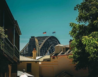 11. Printable Wall Art - Aboriginal and Australian flags on Sydney Harbour Bridge taken from The Rocks in November 2022