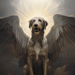 以下が含まれることがあります： 明るい光の前で雲の上に座っている天使の羽根を持つ犬のデジタルイラスト。犬は幸せそうな表情で上を見上げています。背景は曇り空です。