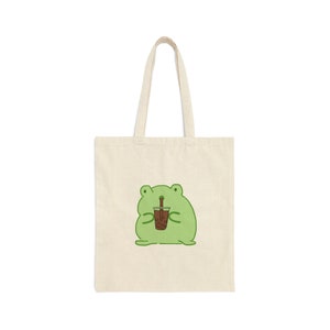 Chubby Frog Drinking Coffee Bubble Tea - Boba - Cotton Canvas Tote Bag