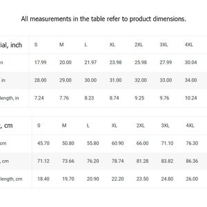 May include: Size chart showing measurements in inches and centimeters for a garment. The chart includes sizes S through 5XL, with measurements for width, length, and sleeve length.