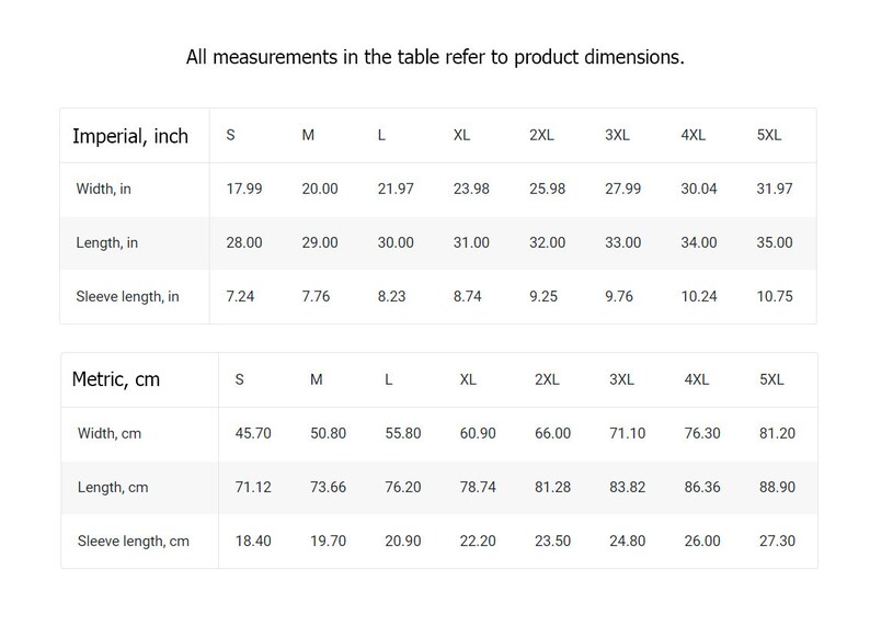 May include: Size chart showing measurements in inches and centimeters for a garment. The chart includes sizes S through 5XL, with measurements for width, length, and sleeve length.