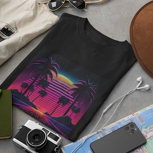 Retro wave T-shirt | Shirts | Graphic Tees | Tops | Clothing | Palm Trees | Purple | Sunset | 80s | Sunset | Neon | Synthwave | Miami Vice