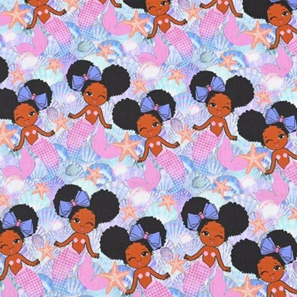 Black Girl Mermaid Princess Fabric Pure Cotton Cartoon Fabric By The Half Yard
