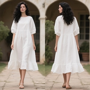 Vestido midi de linho com meia manga e bainha com babados, vestido branco de verão, vestido feito à mão, vestido romântico estilo cottagecore, vestido minimalista estilo boho personalizado