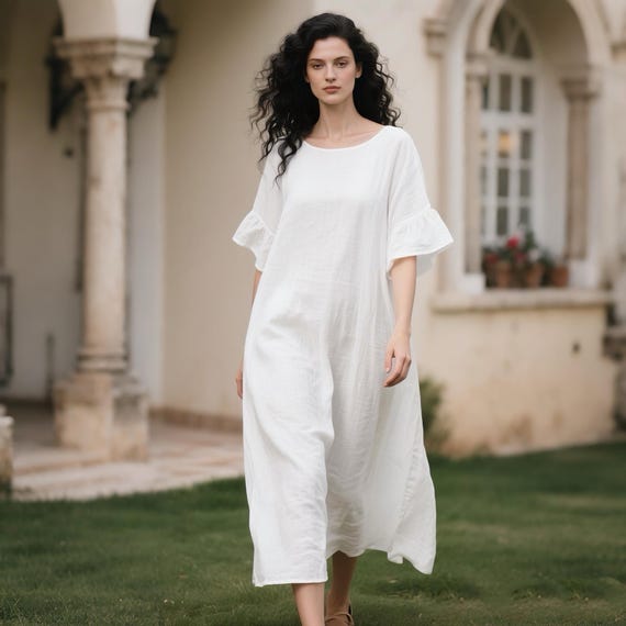 loose white linen dress White Linen Maxi Dress - Pleated, Loose Waist, Crew Neck 2858