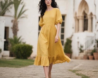 linen sweetheart long midi dress Linen MIDI / MAXI Dress With Sweetheart Neckline - Straight Sleeve Linen  Long Dress - Wedding Guest Linen Dress - Ruffle Hem Linen Dress