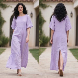 Linen Maxi Dress with Pockets, Loose Linen Summer Dress, Handmade Boho Maxi with Wide Sleeves and Back Slit, Custom Dress, Women Long Dress