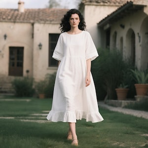 Vestido midi de linho branco com mangas largas, vestido feminino com bainha franzida, vestido de verão feito à mão, vestido boho minimalista e fluido, vestido personalizado