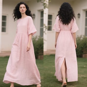 Women Linen Maxi Dress with Pockets, Summer Dress, Custom Dress, Handmade Dress, Bohemian Maxi Dress with Ruffle Sleeves, Romantic Dress