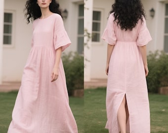 Women Linen Maxi Dress with Pockets, Summer Dress, Custom Dress, Handmade Dress, Bohemian Maxi Dress with Ruffle Sleeves, Romantic Dress