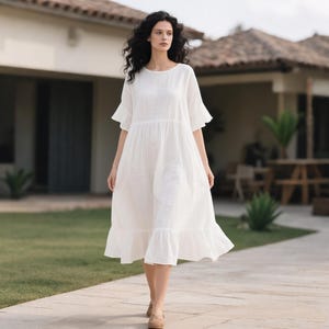 White Linen Dress, Ruffle Sleeve Midi Dress with Ruffle Hem, Boho Loose Dress, Flowy Summer Tunic Dress, Soft Minimalist Dress, Custom Dress