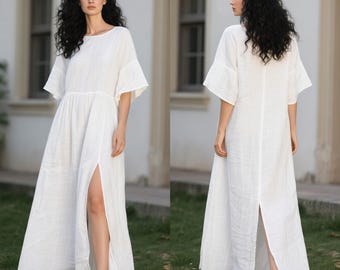 White Linen Maxi Dress With Balloon Sleeves Spring Fall Dress Handmade V  Neck Tiered Long Dress Loose Flowy Cottagecore Dress Custom Dress - Etsy