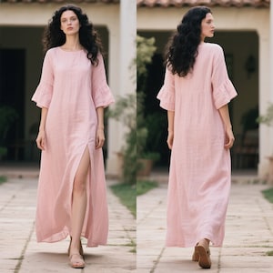 Linen Maxi Dress with Pockets, Bohemian Linen Long Summer Dress, Handmade Ruffle Sleeve Loose Dress for Women, Custom Dress, Plus Size Dress