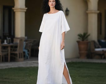 White Linen Maxi Dress With Balloon Sleeves Spring Fall Dress Handmade V  Neck Tiered Long Dress Loose Flowy Cottagecore Dress Custom Dress - Etsy